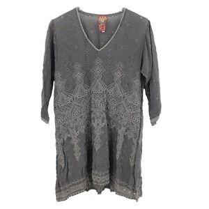 Johnny Was Gray Tunic Top Embroidered‎ V Neck 3/4 Sleeve Size S Bohemian Hippie